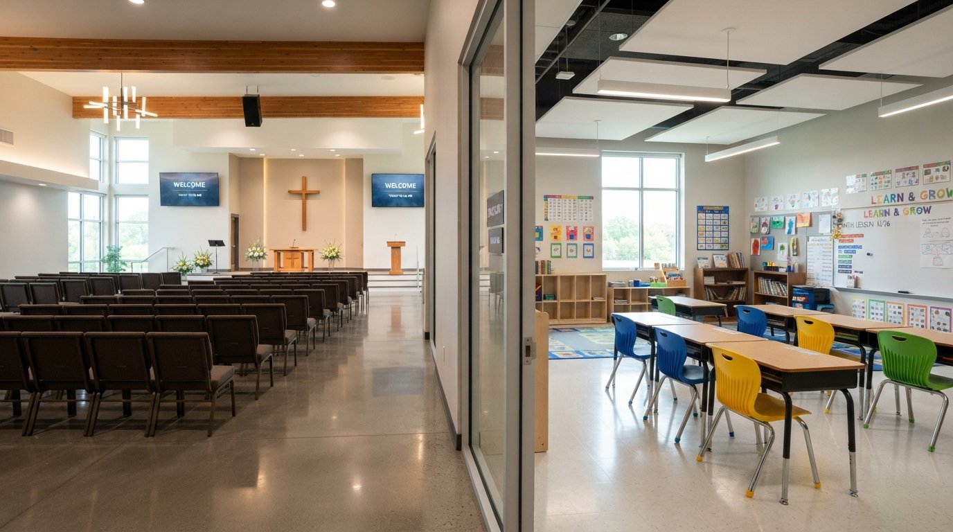 Fresh X Cleaners cleaning a church sanctuary and school classroom in Austin