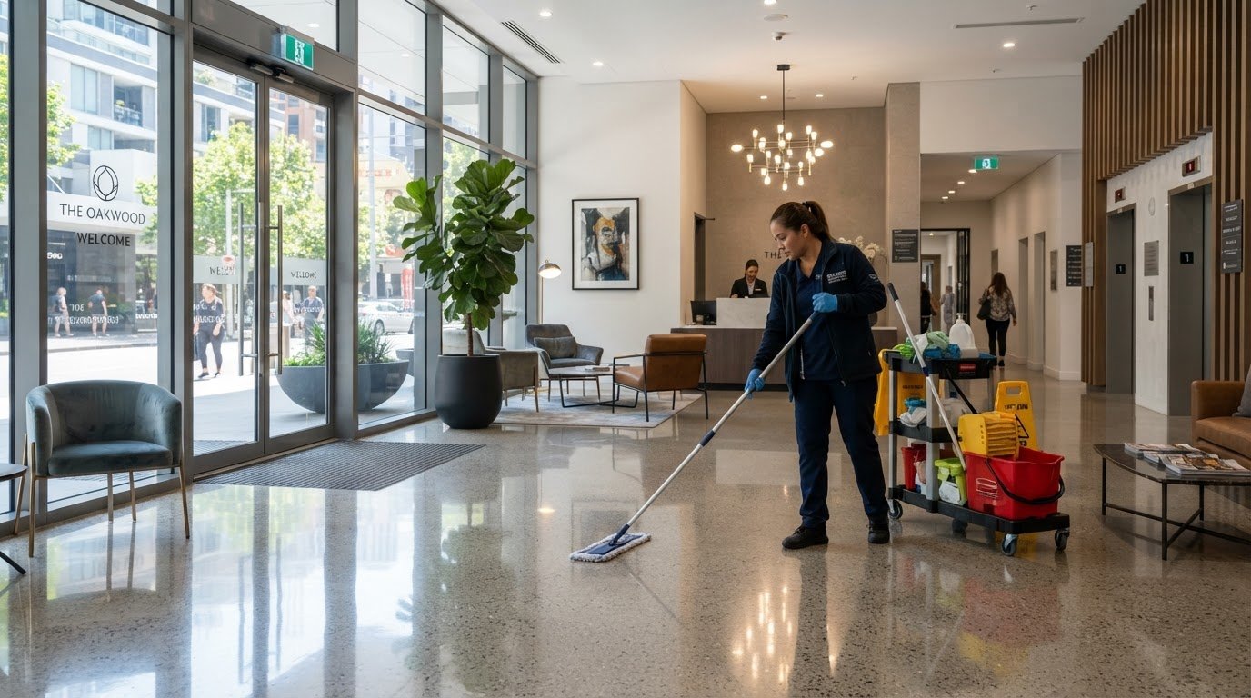 Fresh X Cleaners maintaining an Austin apartment building lobby and common area