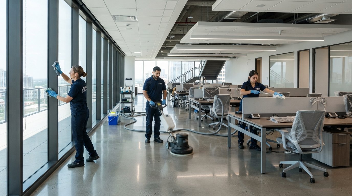 Fresh X Cleaners performing post-construction cleanup of a new Austin office space
