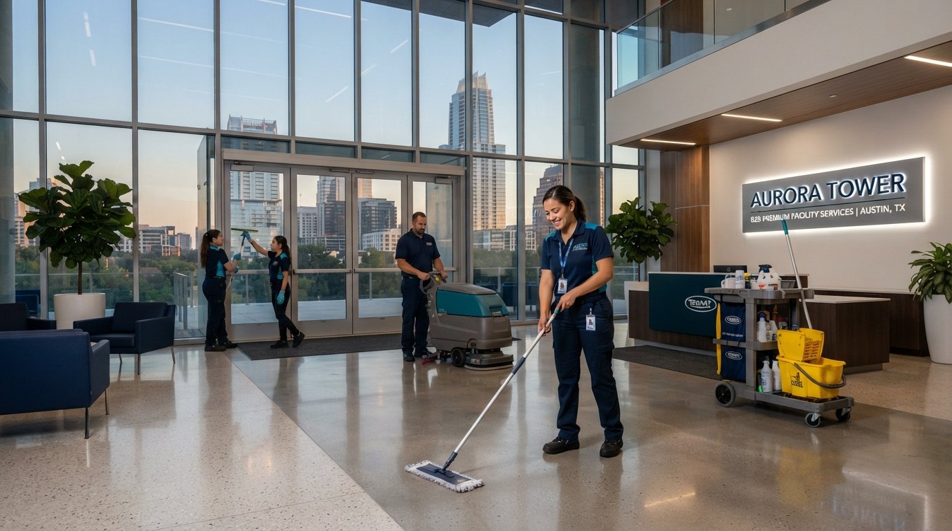 Fresh X Cleaners commercial cleaning team maintaining an Austin office building