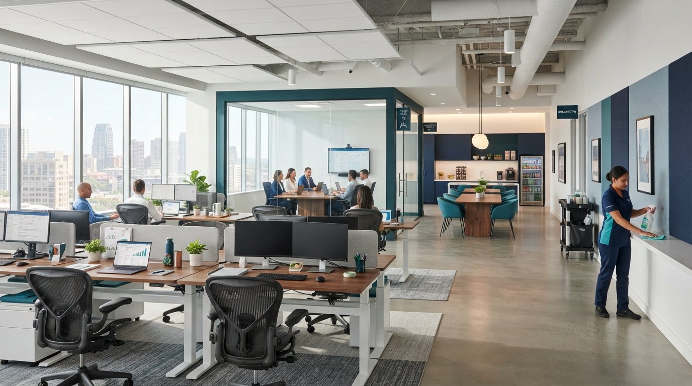 Fresh X Cleaners team cleaning a modern Austin office lobby and workstations