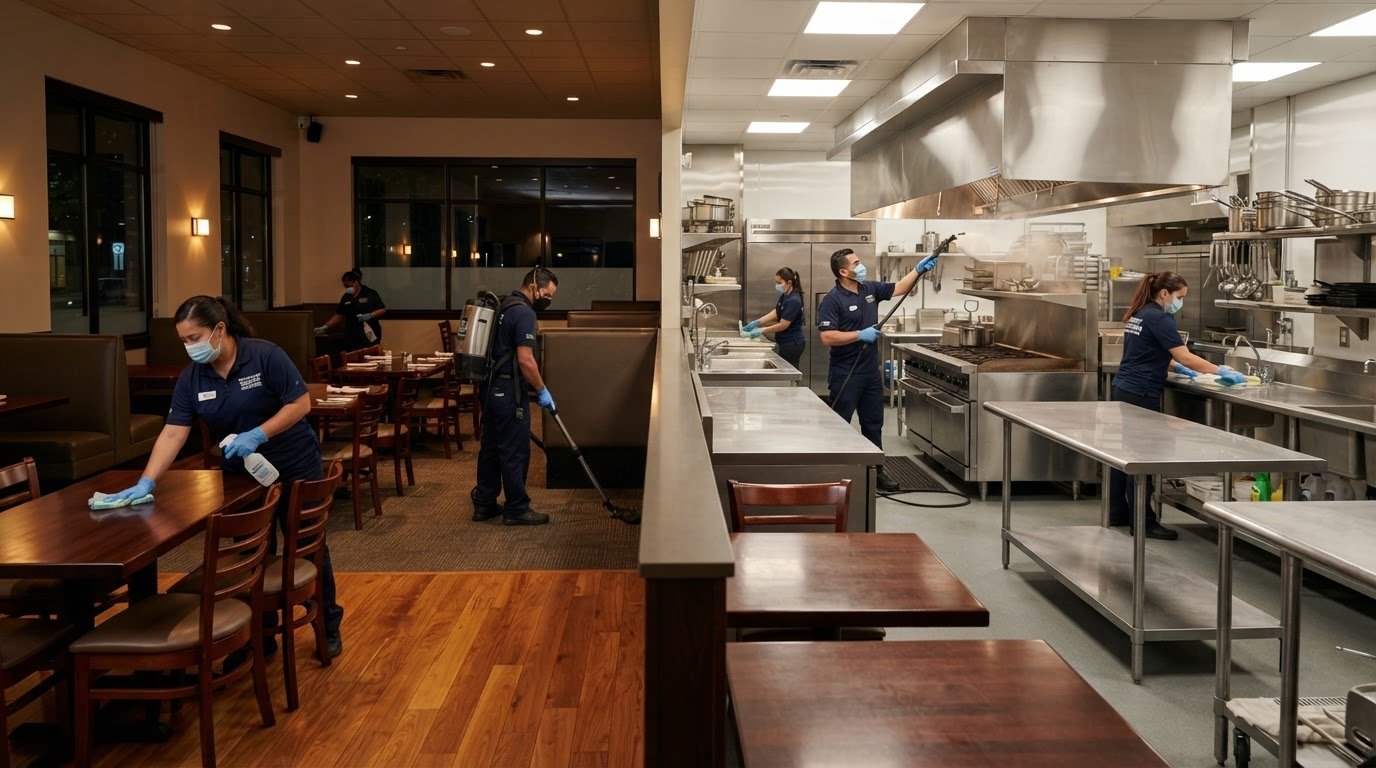Fresh X Cleaners sanitizing an Austin restaurant dining area